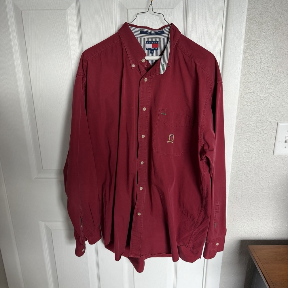 Tommy Hilfiger Men's Red Cotton Long Sleeve Button-Down Shirt L